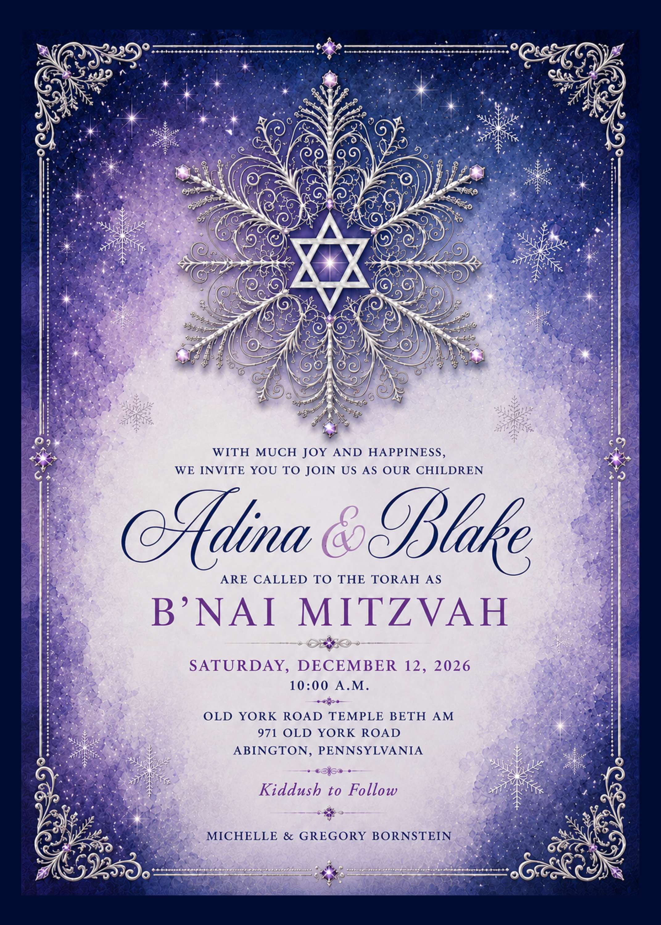 B'nai Mitzvah service invitation — Saturday December 12 2026, 10 AM at Old York Road Temple Beth Am